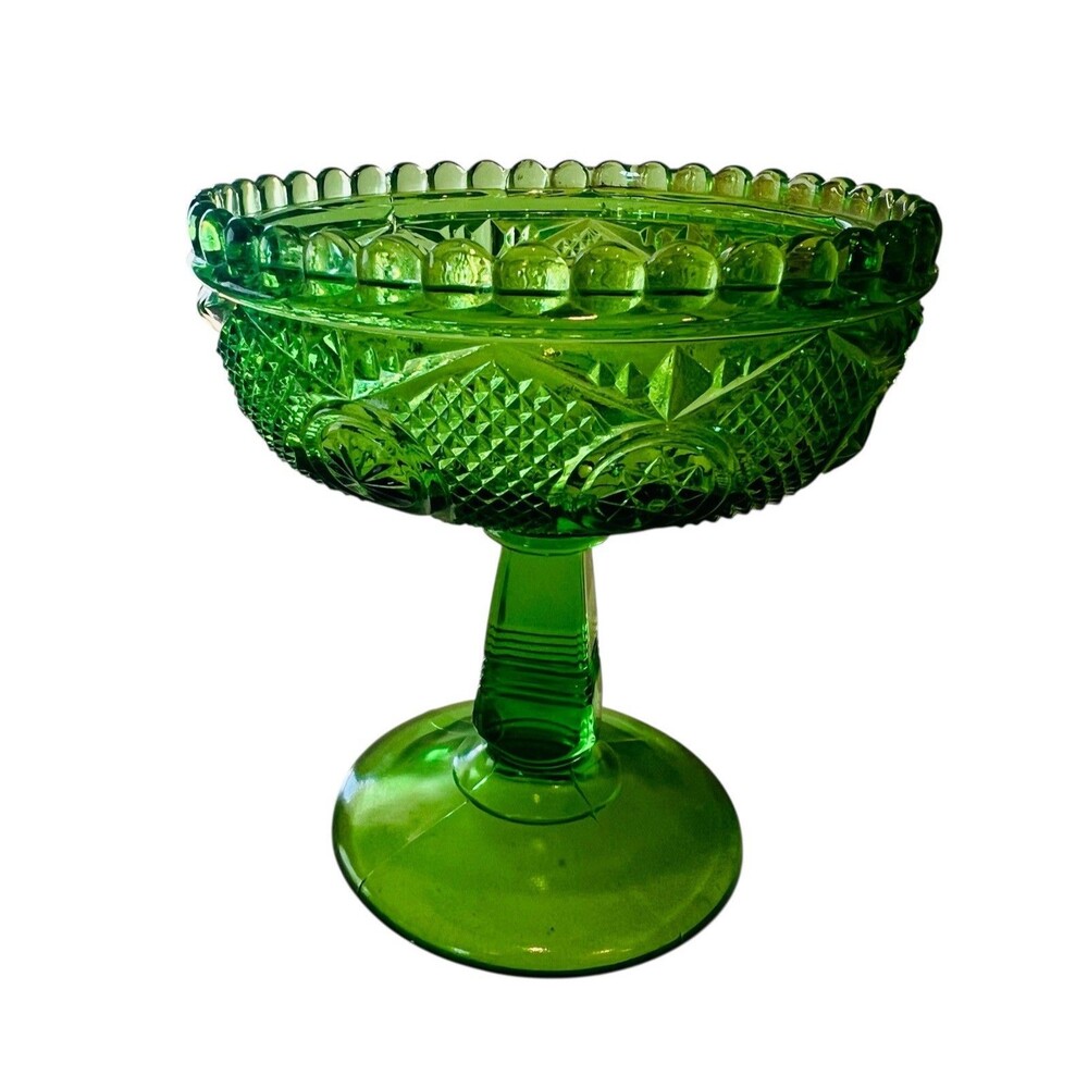 Vintage Green Depression Glass 5” Pedestal Candy Dish Beaded Rim Compote